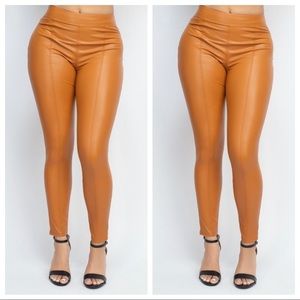 J. ELISE BOUTIQUE NEW TRENDY BROWN COGNAC SKINNY SPANX FAUX LEATHER PANTS